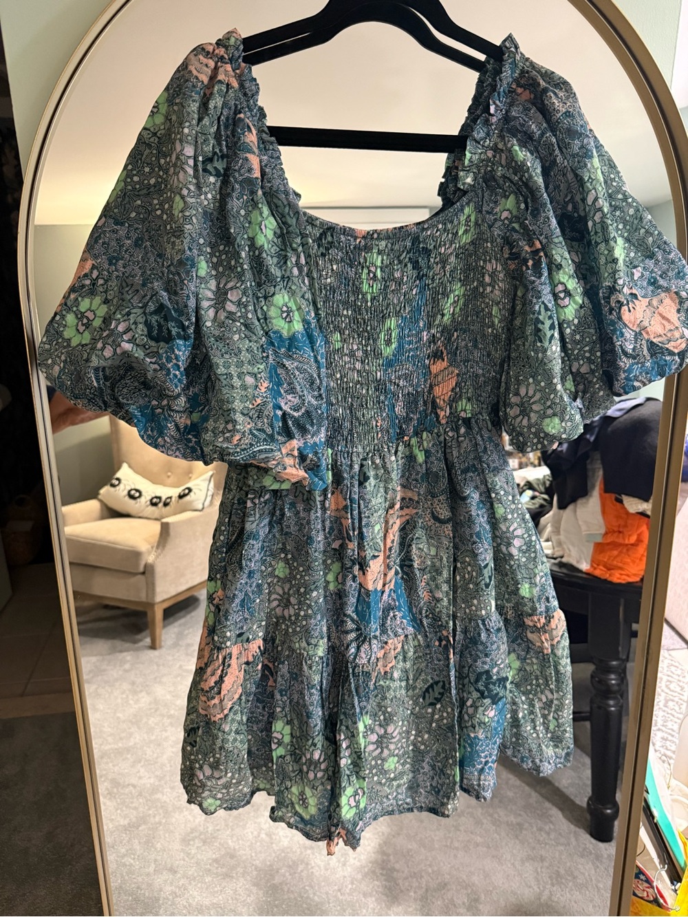 Smocked Puff Sleeve Mini Dress in Blue-Green Floral